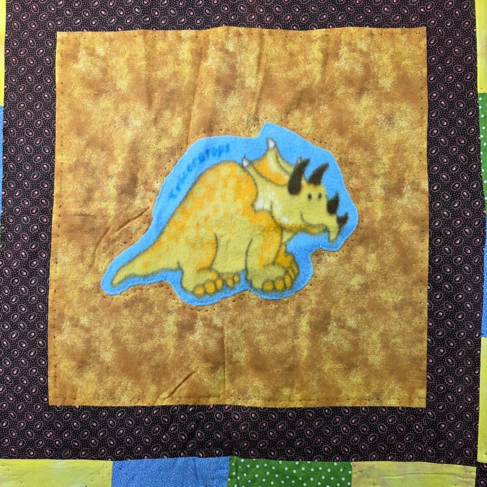 Handmade Triceratops Dinosaur Patchwork Quilt Brown Blue Yellow Plaid 40x50